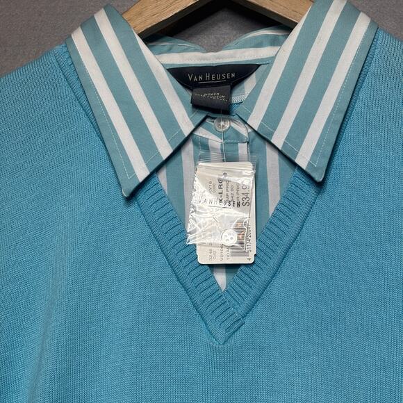 Van Heusen V-Neck Layered Sweater Shirt XL Built In Striped Collar Preppy NWT - Picture 3 of 7